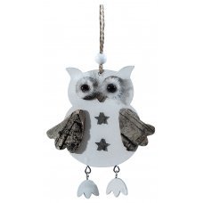 Χριστουγεννιάτικη Κρεμαστή Ξύλινη Κουκουβάγια, Λευκή με Αστεράκια (17cm)